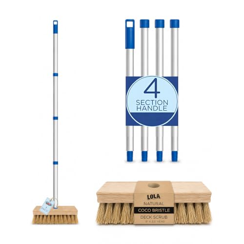 LOLA Deck Scrub Brush, 9" x 3.5" Head w/Natural Coco Bristles for Outdoor Cleaning, Removes Dirt & Grime from Patios, Decks, Grout, 1 Count - color: Coco Deck Broom -Steel Handle, size: 1 Count
