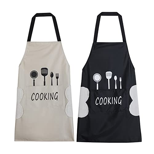 2 Pack Kitchen Apron with Hand Wipe,Water-drop Resistant with 2 Pockets Cooking Bib Aprons for Women Men Chef - color: Style 1