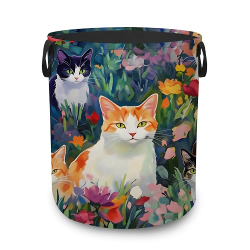 Cute Cats Floral Portable Laundry Hamper,Flower Garden Collapsible Clothes Basket with Handles,Waterproof Oxford Cloth Organizer for Dorm Bedroom Bathroom Nursery,16 x 20 Inch - color: Cute Cats Floral,Flower Garden