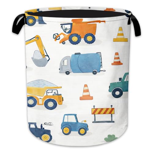 Cartoon Trucks Laundry Basket, Traffic Cones Collapsible Laundry Hamper Waterproof Oxford Cloth With Handles, Clothes Storage Bucket For Bathroom/Bedroom 16" x 20.8" - color: Cartoon Trucks