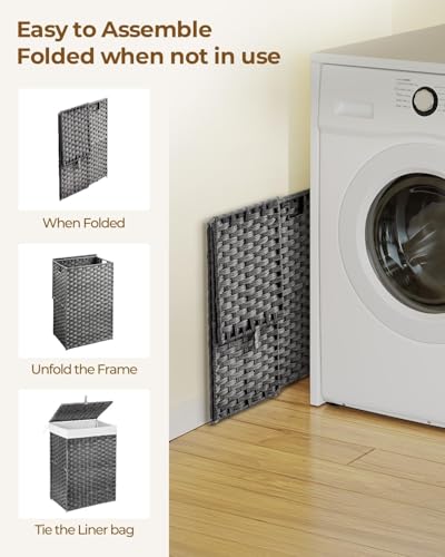 Laundry Hamper with Lid, 90 L Large Capacity Hamper, Rattan Laundry Basket with Compartments & Handles, Foldable, Removable Liner, Dove Gray - color: Dove Gray, size: 90 L