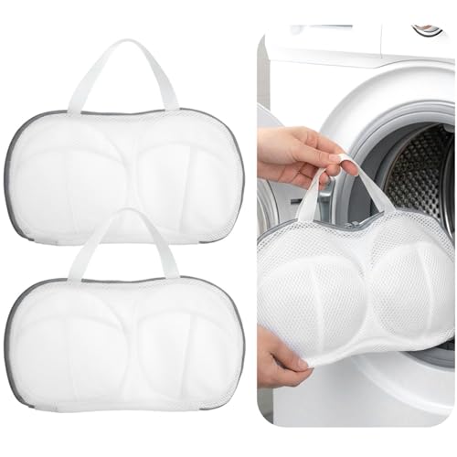 2 Pack Bra Washing Bags for Laundry, Reusable Washable Bra Laundry Bag with Handle, Non-Deform Mesh Wash Bag for Washing Machine Storage Travel - color: White and Gray, size: 13.58" x 7.87"