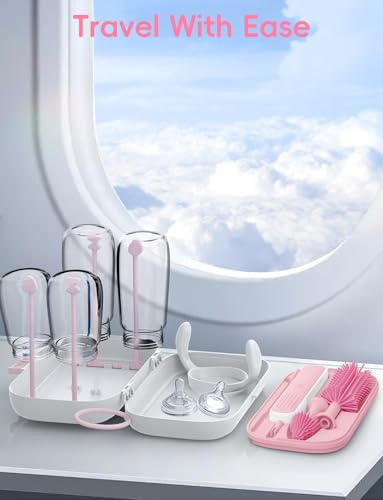 Electric Baby Bottle Brush Cleaner, Baby Travel Bottle Cleaner Kit- 2000mAh Rechargeable Silicone Brush, Drying Rack, Compact Storage Box, 360° Efficient Cleaning Bottle Brush for Home & On-The-Go - color: Pink