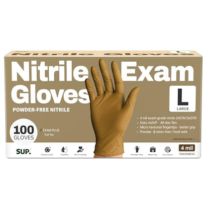 SUP Powder-Free Nitrile Exam Gloves, 100/1000 Ct Food Safe Latex-Free Disposable Glove Medical Cooking Cleaning Food Prep Tan - color: 100 Large (Trail Tan)
