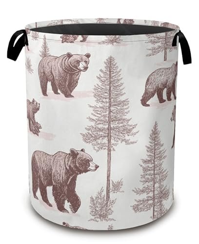 Large Laundry Basket,Retro Bear Collapsible Laundry Baskets,Forest Printed Waterproof Oxford Hamper with Handles for Bathroom Bedroom Nursery Home Storage 16"x20" - color: Retro Bear,Forest Printed