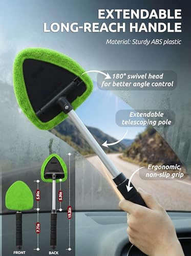 TAKAVU Window & Windshield Cleaner, Extendable, 3 Microfiber Pads (Green) - color: Green