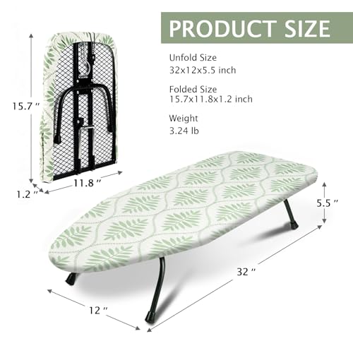 SheeChung Small Ironing Board 12"x32",Mini Ironing Board with Metal Mesh - style: Bohemian Leaves-32"x12"