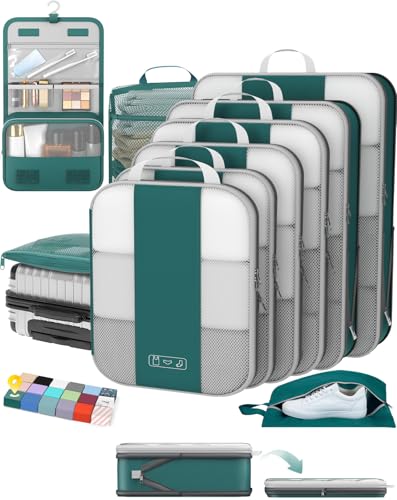 OlarHike 10 Set Compression Packing Cubes for Travel Essentials,Compressible Expandable Space Saver Bags for Organizing Clothes,Luggage Garment Bags with Over 1000 pcs Mesh Holes(Dark Blue Green) - color: Dark Blue Green