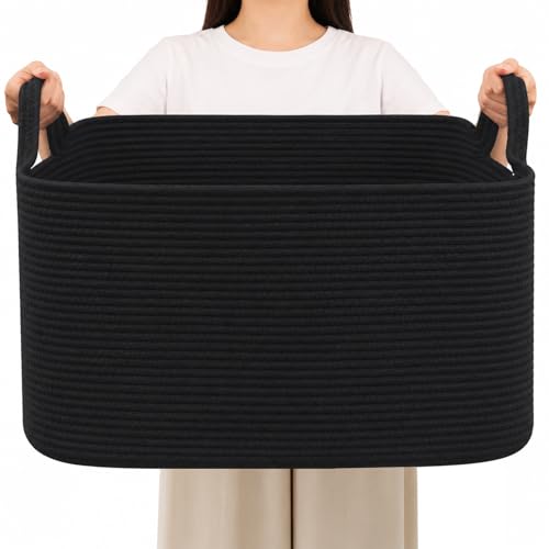 96L Woven Laundry Basket with Handles, Extra Blanket Basket,Black - color: Black, size: 96L