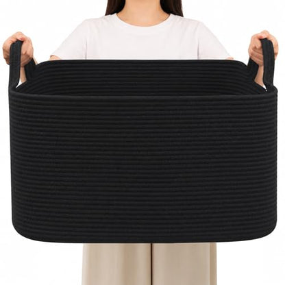 96L Woven Laundry Basket with Handles, Extra Blanket Basket,Black - color: Black, size: 96L