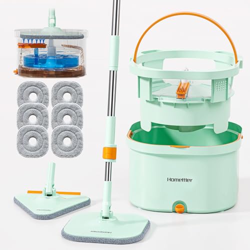 HoMettler Mop and Bucket Set | Spin Mop with Dual-Tank Clean/Dirty Water Separation | 6 Microfiber Pads for Deep-Cleaning Floors | Versatile Mops Triangular Head for Walls - size: Spin Mop with 6 Pads