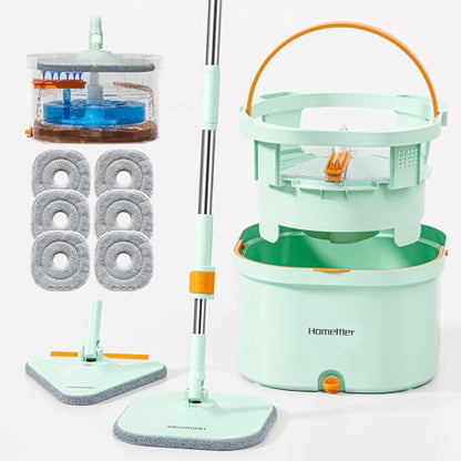 HoMettler Mop and Bucket Set | Spin Mop with Dual-Tank Clean/Dirty Water Separation | 6 Microfiber Pads for Deep-Cleaning Floors | Versatile Mops Triangular Head for Walls - size: Spin Mop with 6 Pads