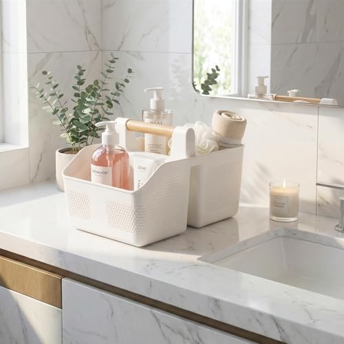 Plastic Shower Caddy Portable Shower Basket with Bamboo Handle, White - color: White