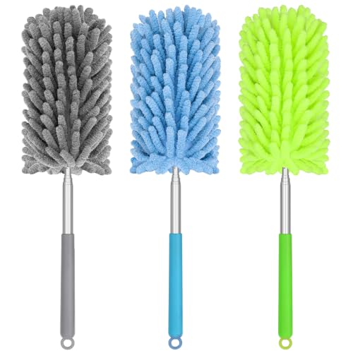 Mini Duster for Cleaning, 360° Bendable Hand Dusters with Extension Pole, Washable Small Duster for Car Interior, Office, Furniture - color: 3 Pack Blue Grey Green