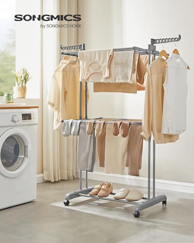 SONGMICS 3-Tier Clothes Drying Rack, Foldable, Rolling, 58.3-Inch Tall - color: Dove Gray, style: 3-Tier