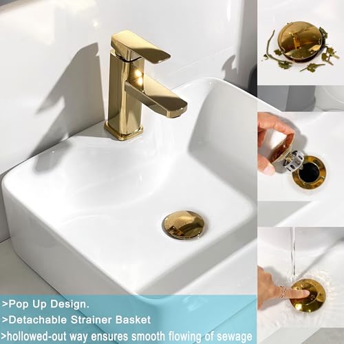 Rockgoya Bathroom Sink Drain, 5 Pack Gold Drain Stopper Bathroom Sink with Overflow, Pop Up Drain Assembly with Detachable Strainer Basket, Built-in Anti-Clogging Strainer,Stainless Steel - color: Gold-5 Pack, style: With Overflow