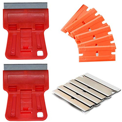 1.5 inches High Visibility Mini Razor Blade Scraper Glass Scraper Red Paint Window Scraper with 5 Metal Scraper Razor Blades 5 Dual Plastic Double Edge Razor Blades Removing Decal Stickers - color: Set D