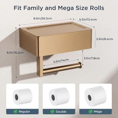 FORIOUS Toilet Paper Holder with Shelf, Wall-Mounted Modern Wipes Dispenser - color: Champagne Bronze, size: Big 1 Pack-8" (L)