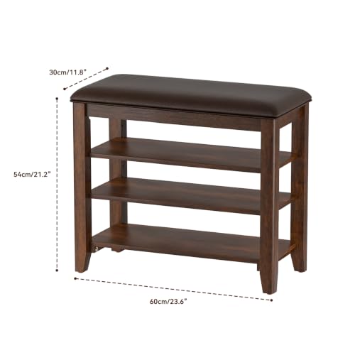 Taitiy Shoe Rack Bench for Entryway, Solid Wood, 3 Tier Adjustable Shelves - color: Walnut, size: 23.6''