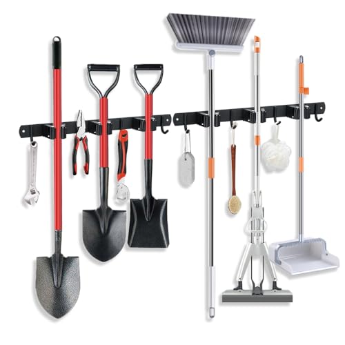 2 Pack Broom Hanger and Mop Holder, Heavy Duty Garden Tool Organizer Rack Rake and Shovel Handle, Stainless Steel Wall Mounted Utility Rack with Screws (3 Racks with 4 Hooks, Matte Black). - color: 2 Pack, size: 3R4H