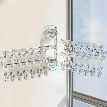180 Rotating 4 Tier Clothes Drying Rack with 28 Clips, Wall Mounted Clothes Hanger with Suction Cups for Drying Socks, Baby Clothes, Bras, Underwear, Hat, Scarf, Towels, Gloves