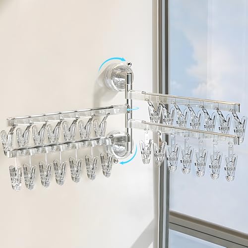 180 Rotating 4 Tier Clothes Drying Rack with 28 Clips, Wall Mounted Clothes Hanger with Suction Cups for Drying Socks, Baby Clothes, Bras, Underwear, Hat, Scarf, Towels, Gloves