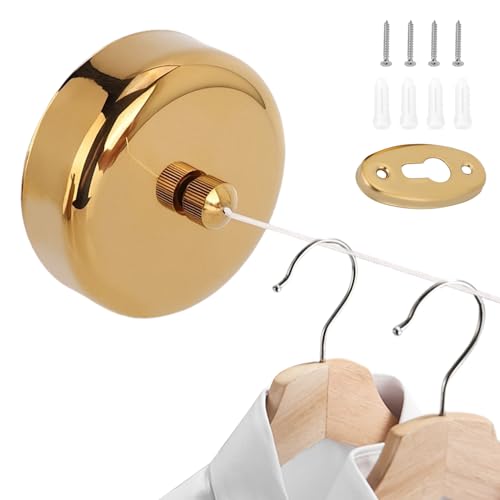 Retractable Clothesline, Stainless Steel Clothes Line Dryer with Adjustable Nylon Rope String, Wall Mounted Retractable Laundry Clothing Line Space Saving Drying Rack for Bathroom (Gold)