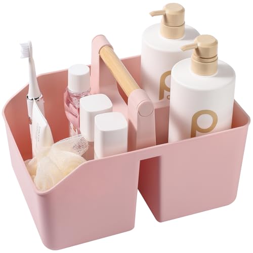rejomiik Plastic Shower Caddy, Portable Basket with Bamboo Handle, Pink - color: Pink