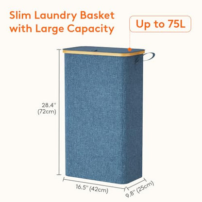 Lifewit 75L Slim Laundry Hamper with Lid and Removable Bag, Dark Blue - color: Dark Blue, size: 75L