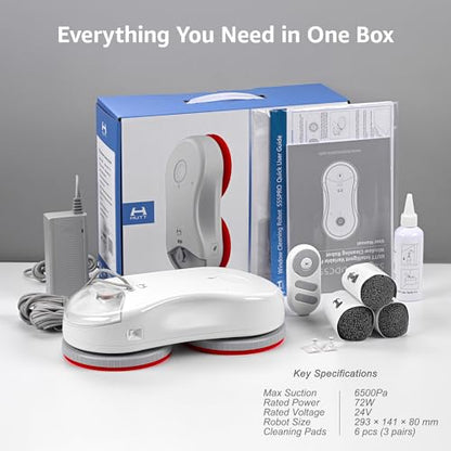HUTT S55 Pro Window Cleaning Robot, 3D Floating Pads, Up to 6500Pa Suction, HydroJet Pump Spray, SLAM 4.0 Navigation, 80ml Water Tank, 6 x Cloths,Perfect for High-Rise Windows, Tiles and Glass - color: White