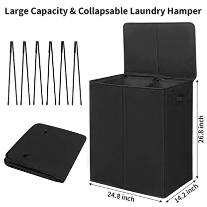 WOWLIVE 154L Double Laundry Hamper 2 Section with Lid and Removable Bags - color: Black, size: 154l (24.8x 14.2 X 26.8 Inches)