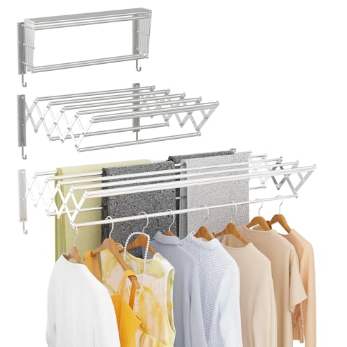 | Clothes Drying Rack Wall Mounted with Hooks - Foldable & Removable Laundry Drying Rack, Extendable 21"-39.4", 110lbs Heavy Duty Drying Rack with 7 Stainless Steel Rods for in & Out Door