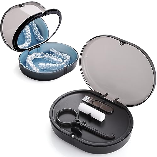 New Double-layer Retainer Storage Case with Belt Chewing,Removal Tool,Cleaning Brush,Built in Mirror Orthodontic Retainer Case - color: black