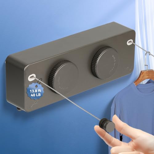 Retractable Clothesline Indoor Outside Heavy-Duty, Upgrade 304 Double Stainless Steel Shower Room Clothes line, Fit Rv Balcony Courtyards Indoor Drying Rack Clothesline, 13.8ft - style: grey