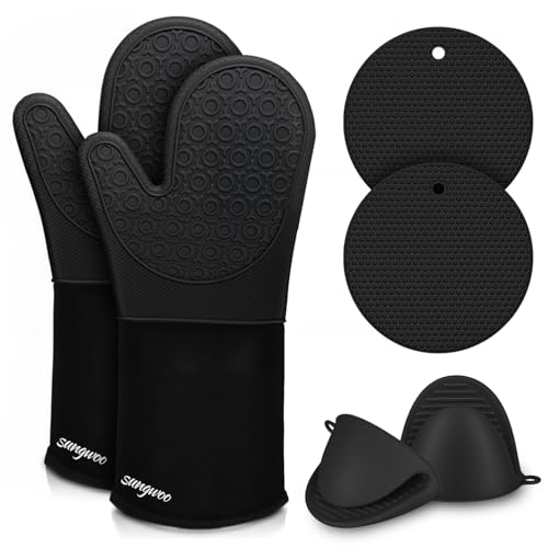 Oven Mitts and Pot Holders Set, Extra Long Silicone Oven Gloves for Kitchen - color: Black, size: 14.6in Oven Mitts Set
