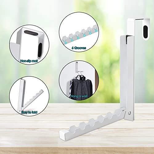 2PCS Over Door Hooks Hanger,Foldable Over Door Drying Laundry Hooks for Hanging Clothes 6 Groves Over Door Towel Racks for Clothes,Coat, Behind Back of Door Bathroom, Bag and Robe( Bright white)
