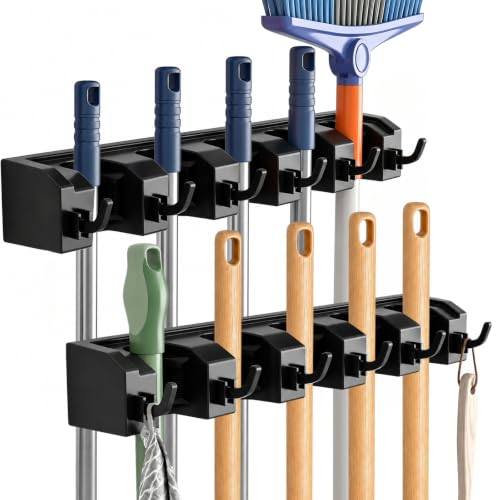 AceMining 2 Pack Black Broom Holder Wall Mount, 5 Holders and 6 Hooks - size: 2 Pack