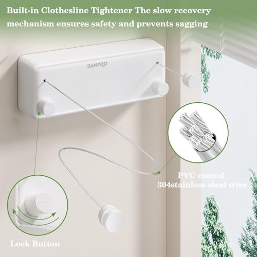Danpoo Retractable Clothesline, 2x13.8ft Stainless Steel Clothes Line for Indoors/Outdoors, Wall-Mounted Laundry Drying with Auto-Lock, Heavy Duty(White) - color: White