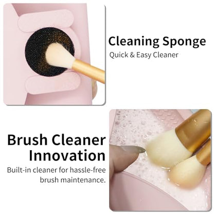 Travel Silicone Makeup Brush Holder with Cleaning Pad and Magnetic Closure - color: Pink