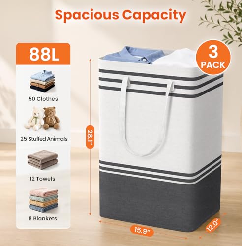 TranquilRelax 3-Pack Laundry Basket, Laundry Hamper, Grey-88L - color: Grey, size: 88L