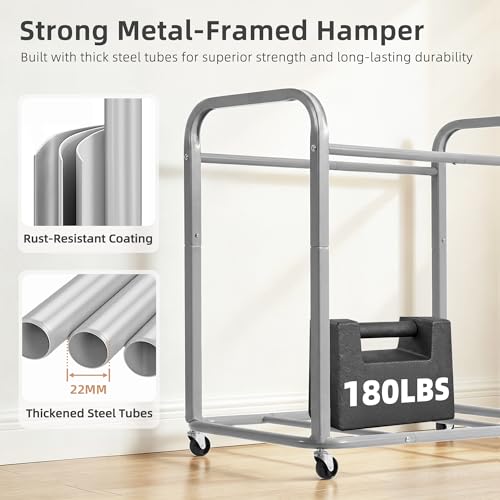 STORAGE MANIAC Laundry Hamper 3 Section with Lid Rolling Laundry Basket - color: Gray