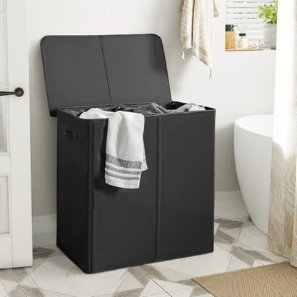 WOWLIVE 140L Double Laundry Hamper 2 Section with Lid and Removable Bags - color: Black, size: 140l (23.6x 13.8x 25.6 Inches)