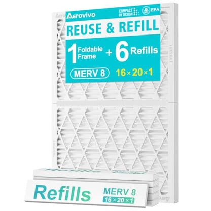 Refillable 16x20x1 Air Filter MERV 8, Reusable Frame & 6 Refills - size: 16" x 20" x 1"