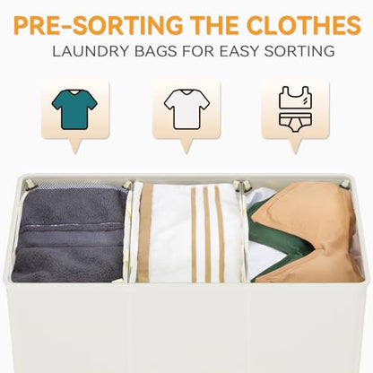 WOWLIVE 180L Laundry Hamper 3 Section, Large Laundry Basket with Lid - color: Beige, size: 180l (31.5"L x 12.5"W x 28"H)