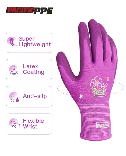 PACIFIC PPE 2 Pairs Gardening Gloves for women and Ladies, Rubber Coated Garden Gloves, Outdoor Protective Work Gloves, Small, Purple - color: Purple, size: Small (Pack of 2)