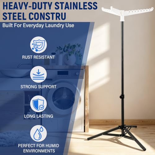 Clothes Drying Rack, Drying Rack 33-68 inches Stable and Heavy-Duty Tripod Base Thickened Stainless Steel Saving Space 27 Pieces of Clothing - color: Black