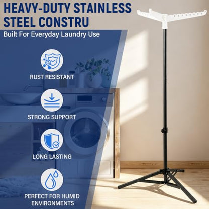 Clothes Drying Rack, Drying Rack 33-68 inches Stable and Heavy-Duty Tripod Base Thickened Stainless Steel Saving Space 27 Pieces of Clothing - color: Black