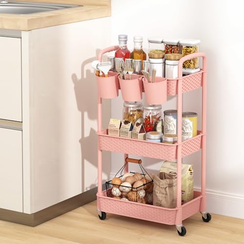 MOYIPIN 3-Tier Plastic Rolling Utility Cart with Handle,Pink - color: Pink, size: 3-Tiers with cups