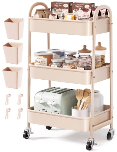 Beige 3 Tier Rolling Cart Metal with Wheels,Tan Three Tiered Bedside Carts - color: Light Beige