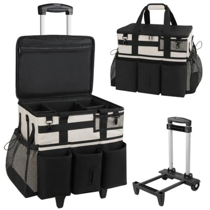 SCAVATA Rolling Cleaning Caddy Bag with Detachable Trolley, Large Cleaning Supplies Organizer with Wheels, Multi-Pocket Cleaning Cart with Adjustable Shoulder Strap for Housekeepers (CreamWhite) - color: CreamWhite